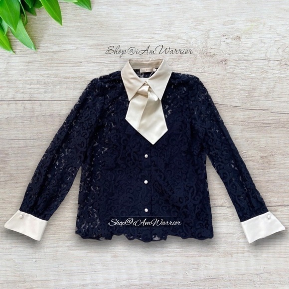 Tory Burch NWT navy lace blouse w/ ivory cuffs & collar with removable neck tie - Picture 11 of 16